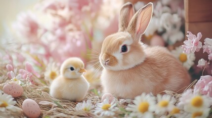 Easter bunny and a chick with eggs