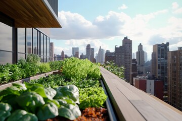 Fototapeta premium Urban rooftop garden showcasing greenery amidst city skyline.