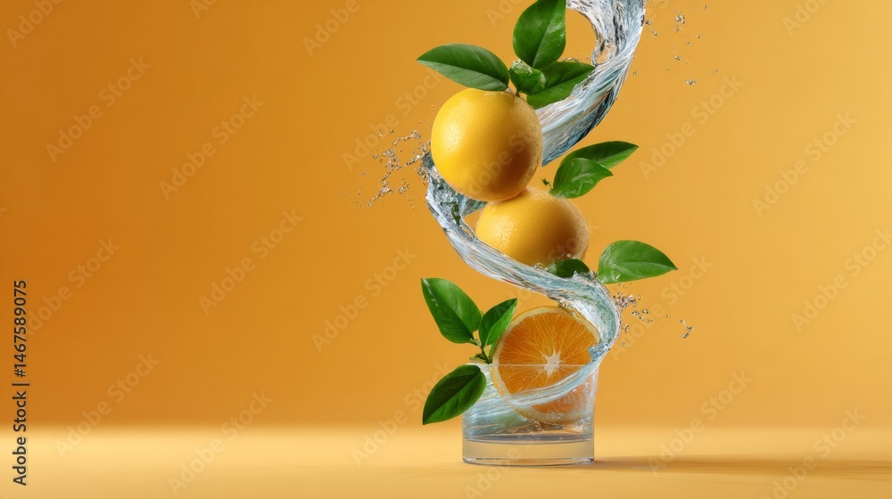 Aufkleber glass of water with a slice of lemon and a lime in it. the glass is on a table and the water is spla