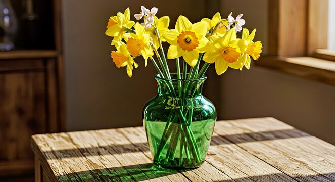 Artistic still life of bright yellow flowers arranged in a vintage glass vase, resting on a weathered wooden surface. Rustic charm and cheerful.