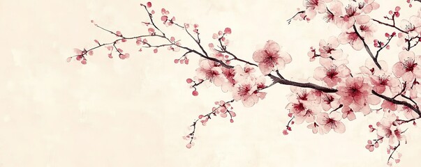 Fototapeta premium Watercolor painting of pink cherry blossoms on a branch against a light background.