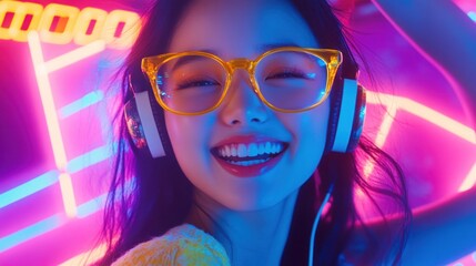 Young woman smiling with headphones in vibrant neon lights