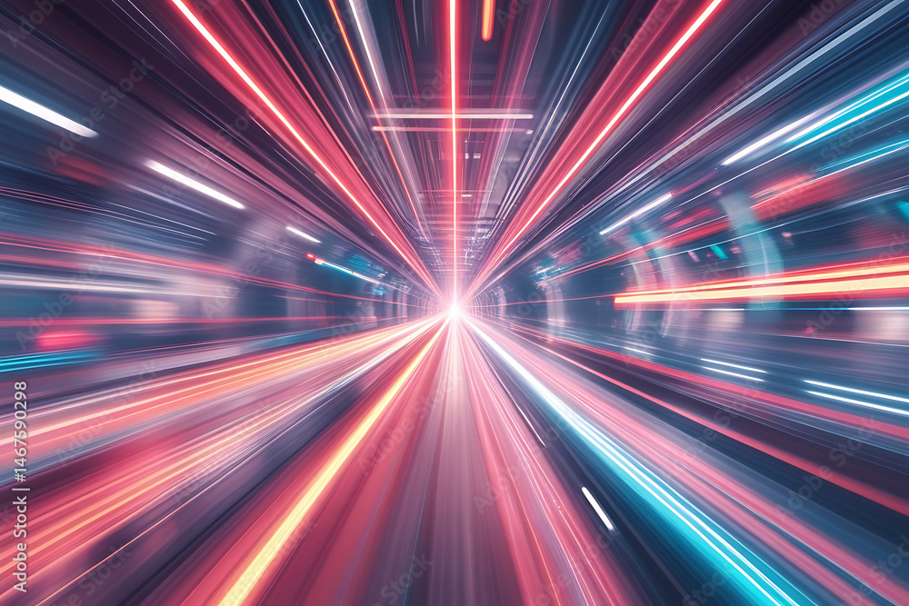 Poster dynamic abstract illustration depicting high speed motion and digital data transfer through futurist