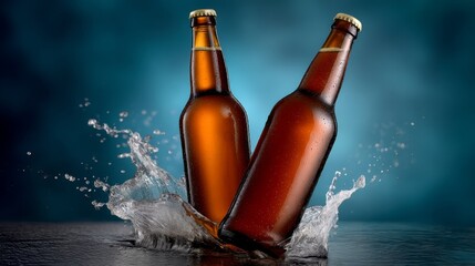 Two beer bottles are in the water, one of which is almost empty. The other is full