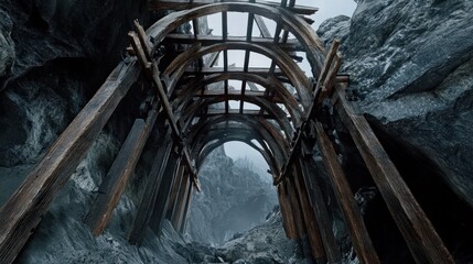 Ancient wooden tunnel in a mountain gorge