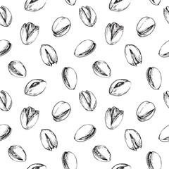 Seamless vector pattern with hand drawn ink pistachio nuts. Template for food, drink label design.