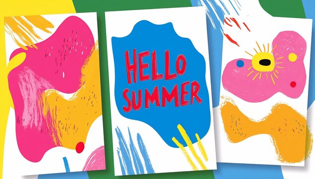 Vibrant summer greeting cards featuring abstract shapes, bold text, and playful brushstrokes