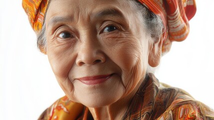 A joyful senior Thai lady in a classic suea kho krachao blouse