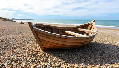 Obraz premium Wooden boat on shingle beach, Dungeness, England, Atlantic coast, Atlantic coast, getaway