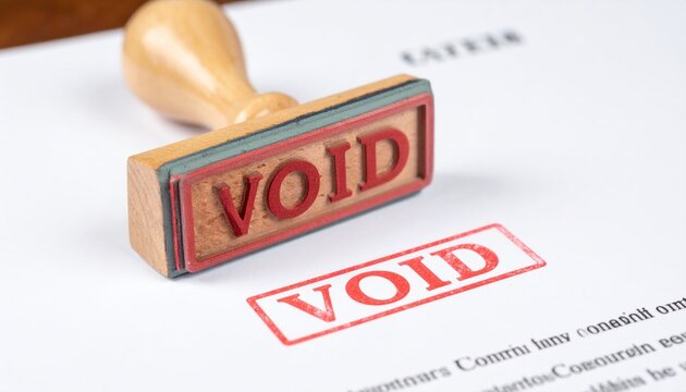 Artistic impression of a wooden stamp marking void on canceled contract business setting close-up view
