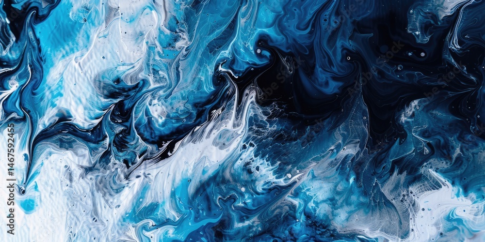 Poster close up abstract picture of blue and black colour has been mixing with each other and white colour,