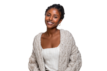 Smiling young African American girl wearing a knitted sweater isolated on transparent background