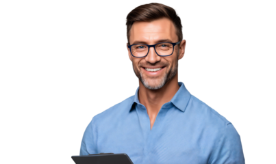 Portrait of a smiling male teacher wearing glasses and holding a clipboard, ready to teach, isolated on white background