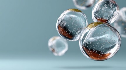 Series of clear spheres with a gold center. The spheres are floating in the air and appear to be made of glass. Concept of weightlessness and ethereal beauty