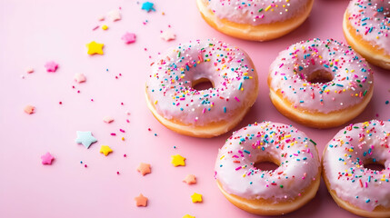 Delicious donuts with colorful sprinkles on a pink background, a sweet treat