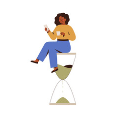 Businesswoman has a coffee break. Good time management, productive work, self organization. Black Girl sits on big clock, looking phone and drink tea. Vector illustration