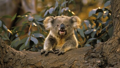 Fototapeta premium Koala peacefully lounging in a eucalyptus tree, enjoying its lush and natural habitat blissfully.