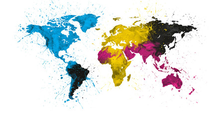World Map with Colorful Paint Splatter on White Background