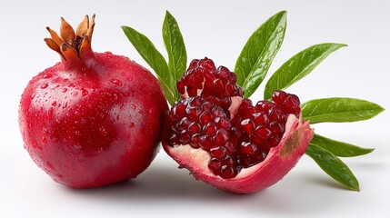 Red pomegranate is cut in half and surrounded by green leaves. The pomegranate is juicy and ripe, and the leaves add a touch of freshness to the scene