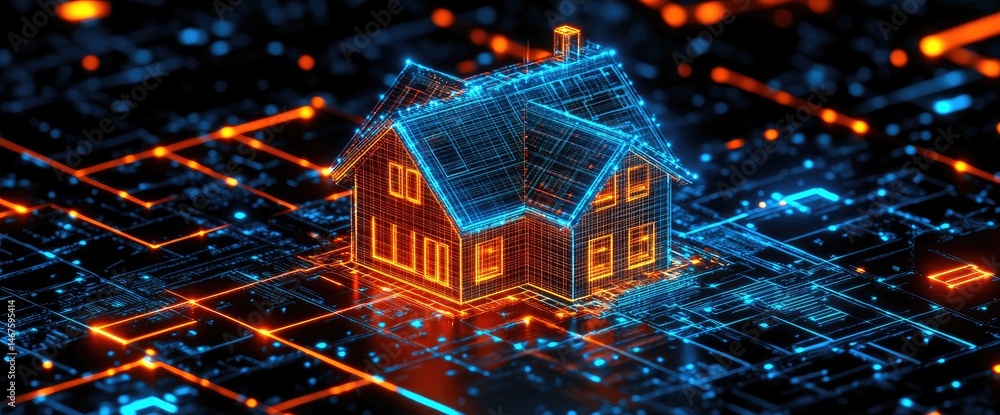 Poster digital house technology architecture connection network futuristic illumination