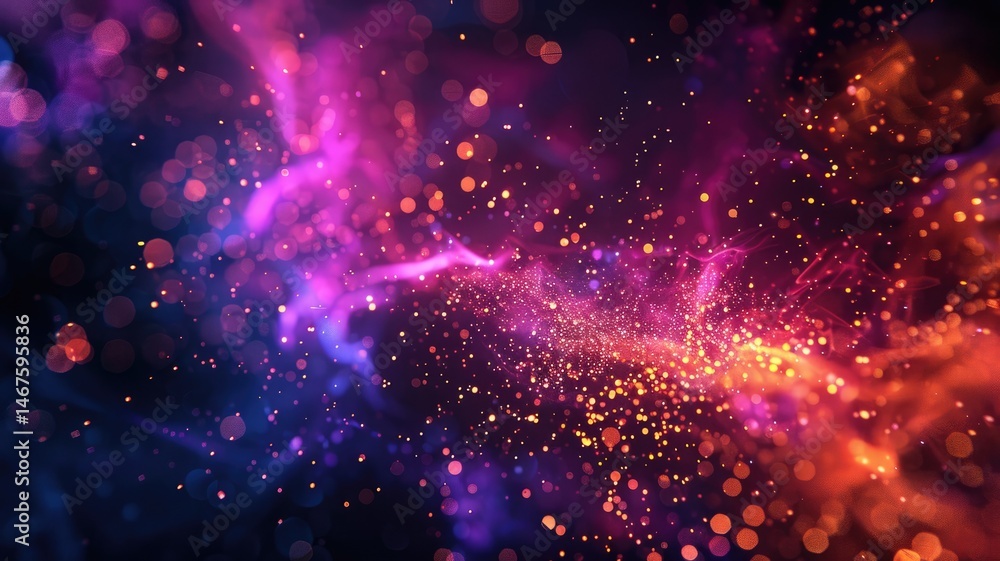 Poster wonderful picture of colorful light sparkling particles scattered across space background, create ab