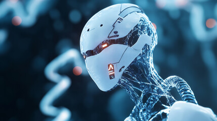 A robot with a white face and a blue body