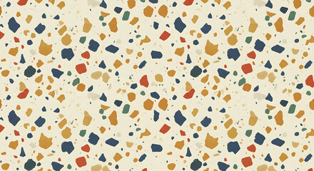 Seamless pattern of colorful abstract chips resembling terrazzo, featuring shades of blue, red, orange, and green on a light background.