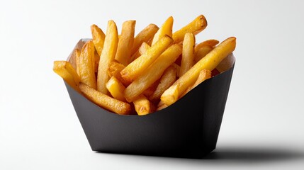 Tray of french fries sits on a white background. The fries are golden brown and appear to be freshly cooked. The tray is black and the fries are arranged in a neat pile