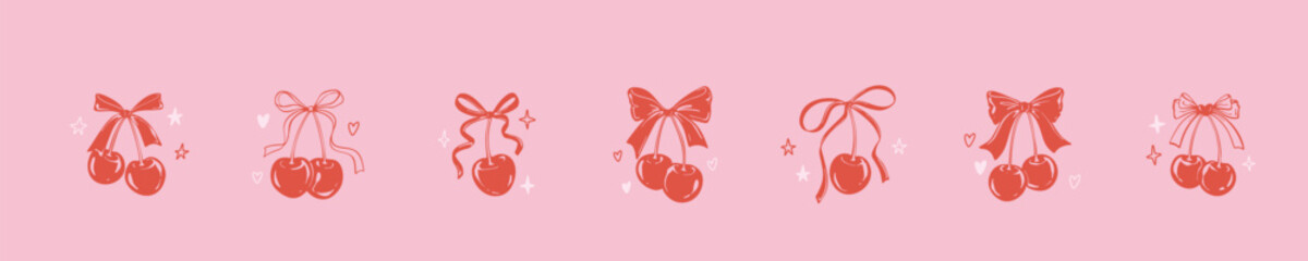 Set of cute cherries with bow ribbon. Doodle border with sweet summer fruits and stars, glitter, twinkle, bling. Coquette feminine Italian style hand drawn vector illustration. Aesthetic drawing