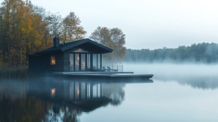 Fototapeta premium Misty Lakeside Cabin