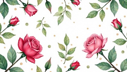 Delicate watercolor rose buds & leaves, repeating seamlessly , buds, elegant, vintage