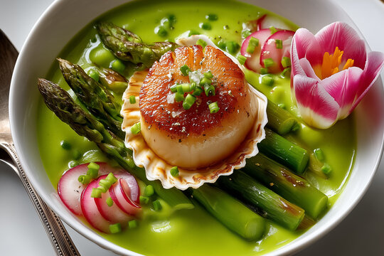 Green asparagus veloute artistically served with scallop centerpiece, enhanced by fresh vegetables and flower garnish. Elegant fine dining setup