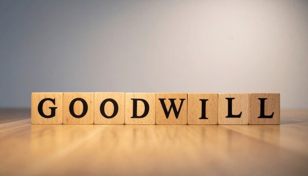 Wooden block spelling goodwill on polished table business concept indoor environment close-up view
