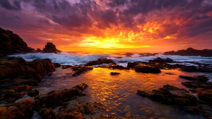 Human eye view of sunset weather over rocky coastline tidepools glistening golden reflections waves crashing under fiery orange purple stormy sky background cut out on isolated transparent background