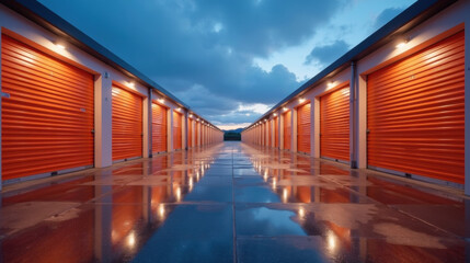 Bright orange storage units line reflective pathway under cloudy sky, creating striking visual contrast