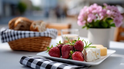 Plate of strawberries and cheese is set on a table with a white napkin and a vase of flowers