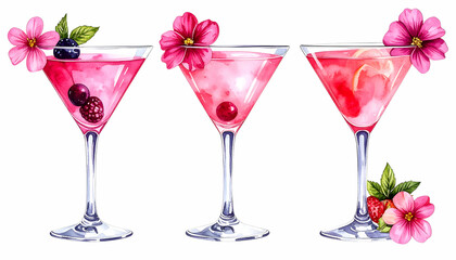 Floral Cocktails Water Color : Artistic depiction of vibrant cocktails adorned with fresh flowers and fruits, evoking a sense of spring, celebrating artistry in mixology