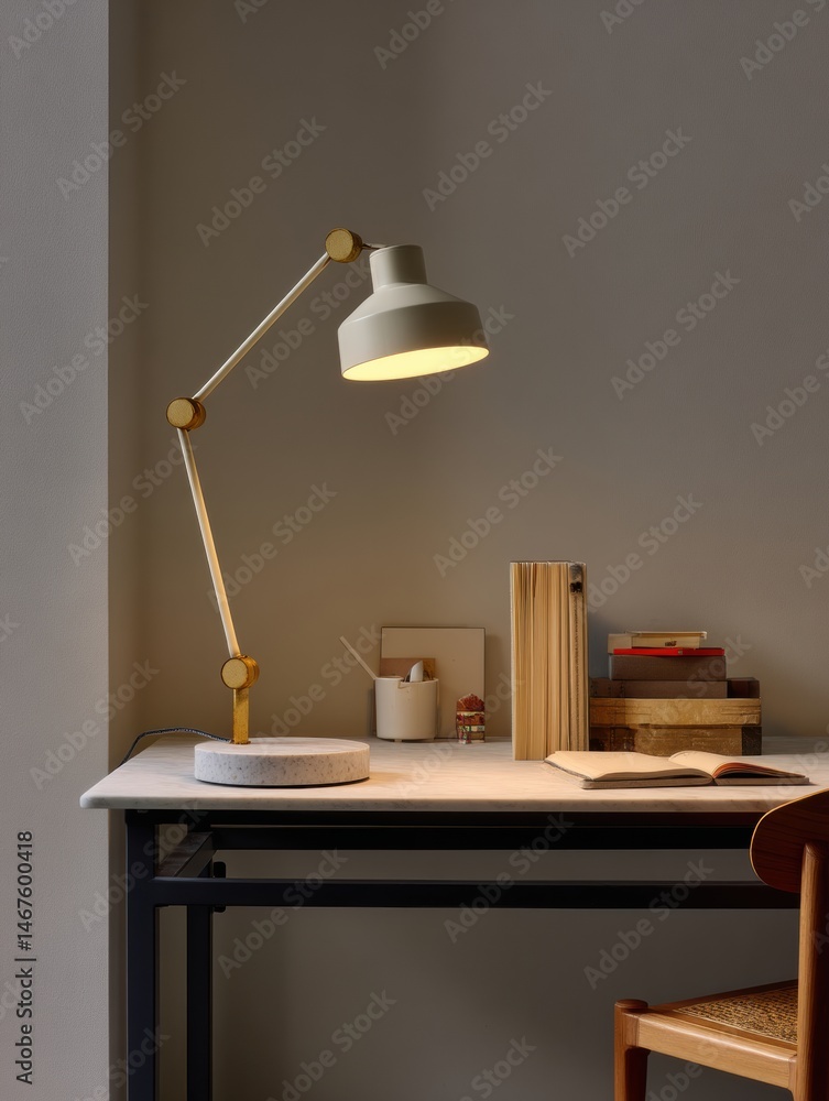 Aufkleber elegant desk lamp illuminating a minimal workspace with a clean table and organized items in soft li