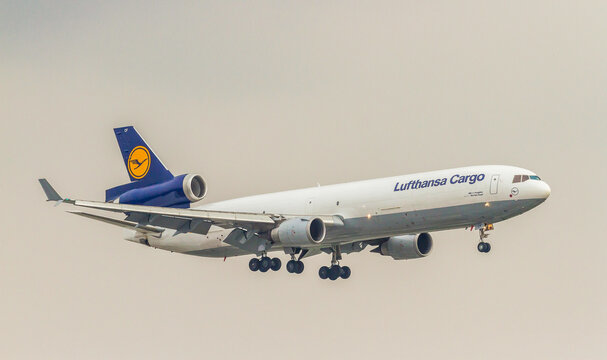 Ho Chi Minh City, Vietnam - December 9, 2016 : A McDonnell Douglas MD-11 Airplane Of Lufthansa Cargo Landing At Tan Son Nhat International Airport.