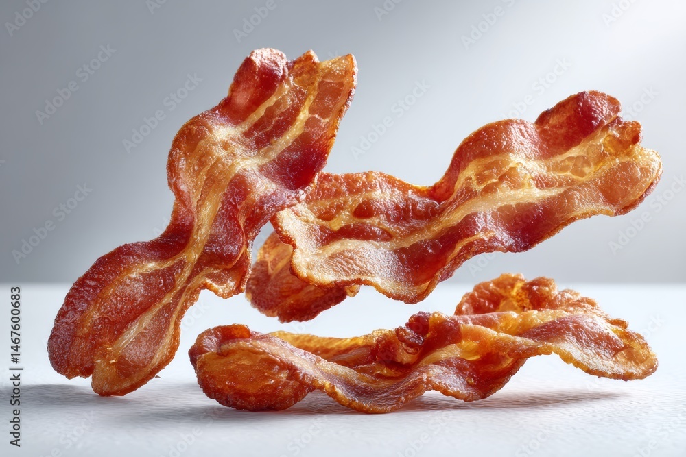 Poster three strips of bacon are shown in the air, with one of them being slightly longer than the other tw