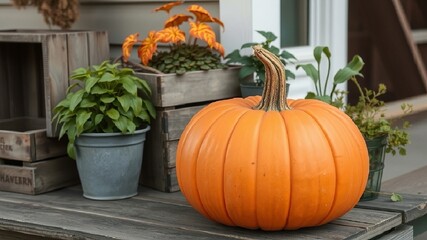 A large orange pumpkin lies on a wooden surface next to house plants and old wooden boxes. AI generated.