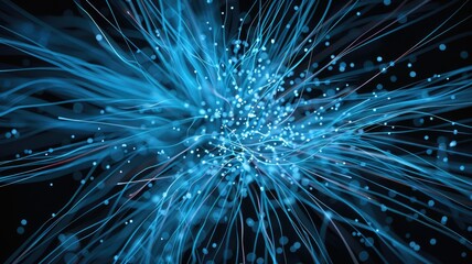 Abstract blue glowing fiber optic strands on a dark background. Abstract image of neuro simulate pattern with glowing blue and dark background. Digital art for design and print. Networking. AIG53.