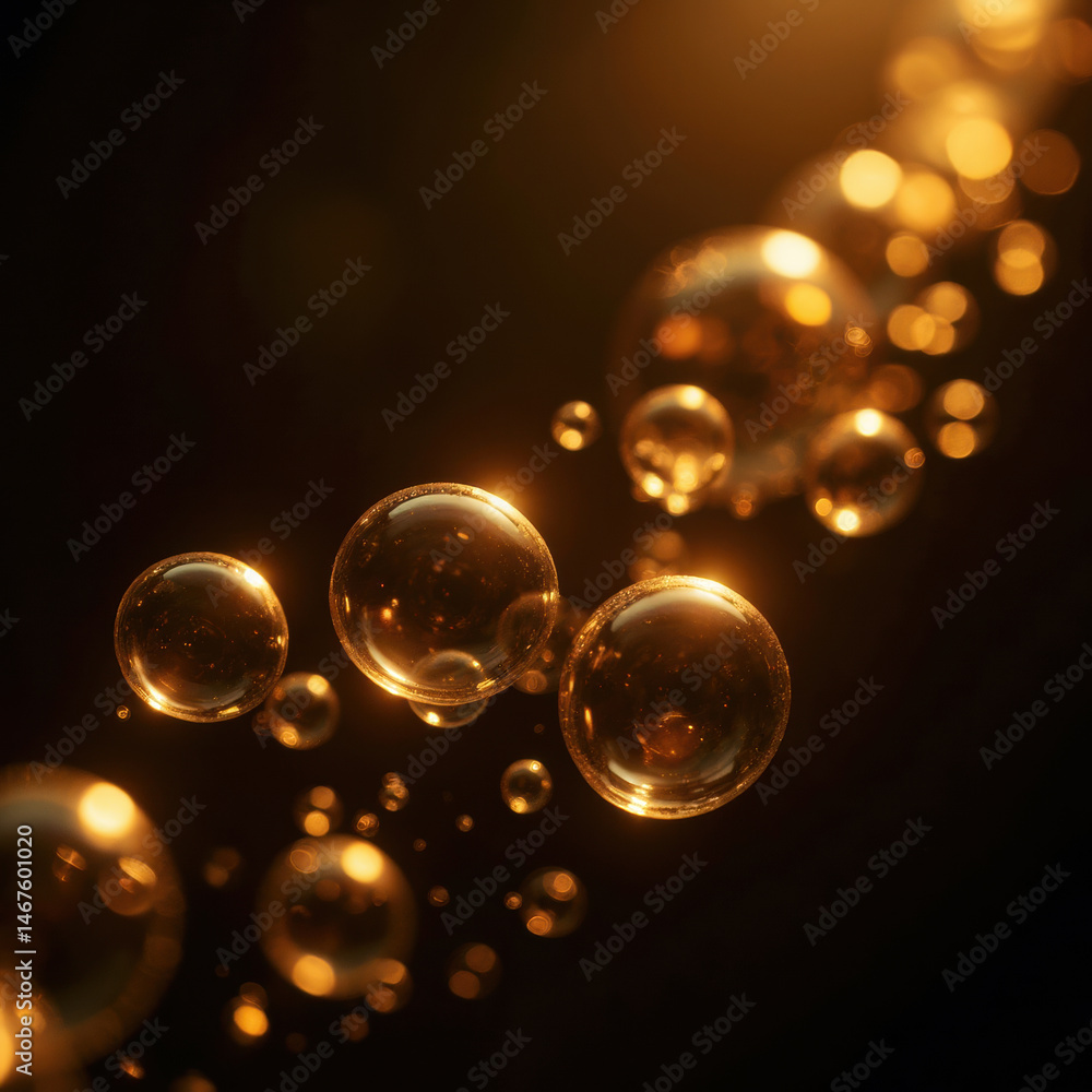 Aufkleber bubbles floating in dark background, illuminated by warm golden light, create mesmerizing and tranqu