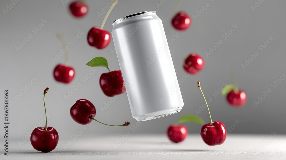 Poster can of cherry soda is flying through the air with cherries surrounding it. concept of excitement and