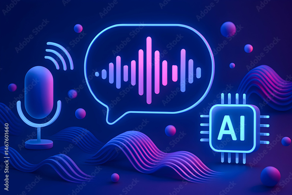 Poster a captivating neon-themed digital art featuring a microphone, sound waves, an ai symbol, and dynamic