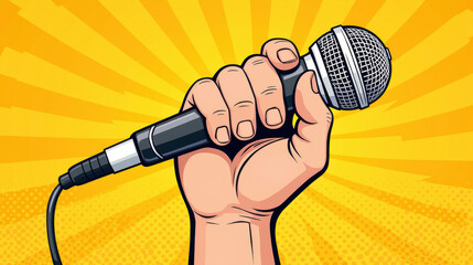 hand gripping microphone symbolizes confidence and expression, set against vibrant yellow background with radiating lines