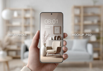 A hand holding a smartphone with living room interior on background. Mobile design header.