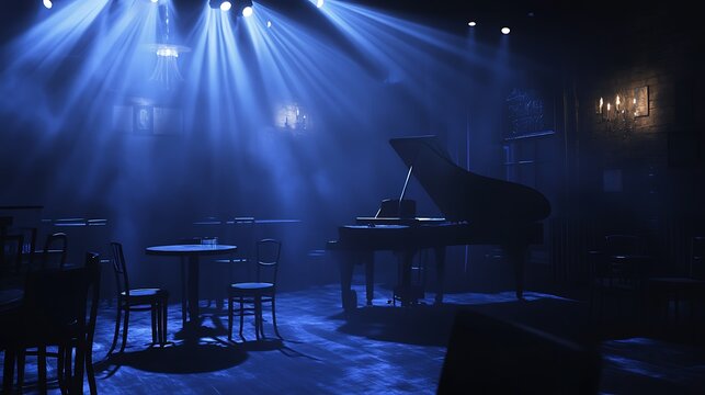 Dramatic interior view of a grand piano illuminated with stage lighting
