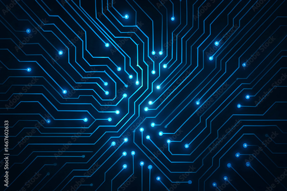 Poster a close-up image of a high-tech circuit board with glowing blue lines and nodes, showcasing intricat