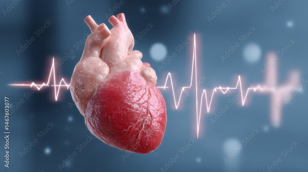 Poster heart is shown in a close up with a red color. the heart is surrounded by a wave that is in the back